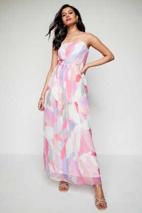 abstract round neck polyester women's gown - pink mix