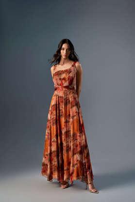 abstract round neck viscose women's gown - rust