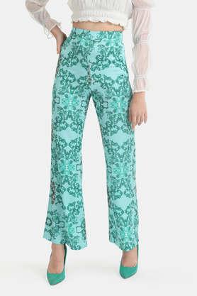 abstract satin flared fit women's pants - green mix