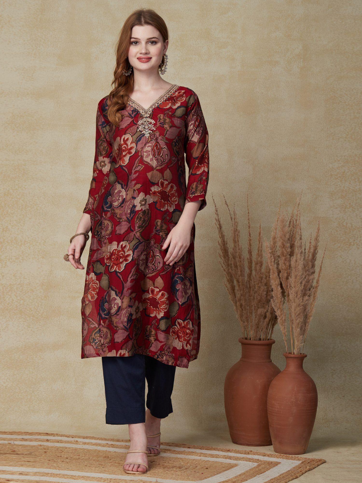 abstract & floral printed kurta red & multi