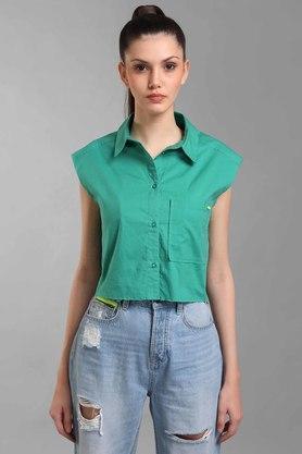 abstract blended v neck womens casual shirt - green