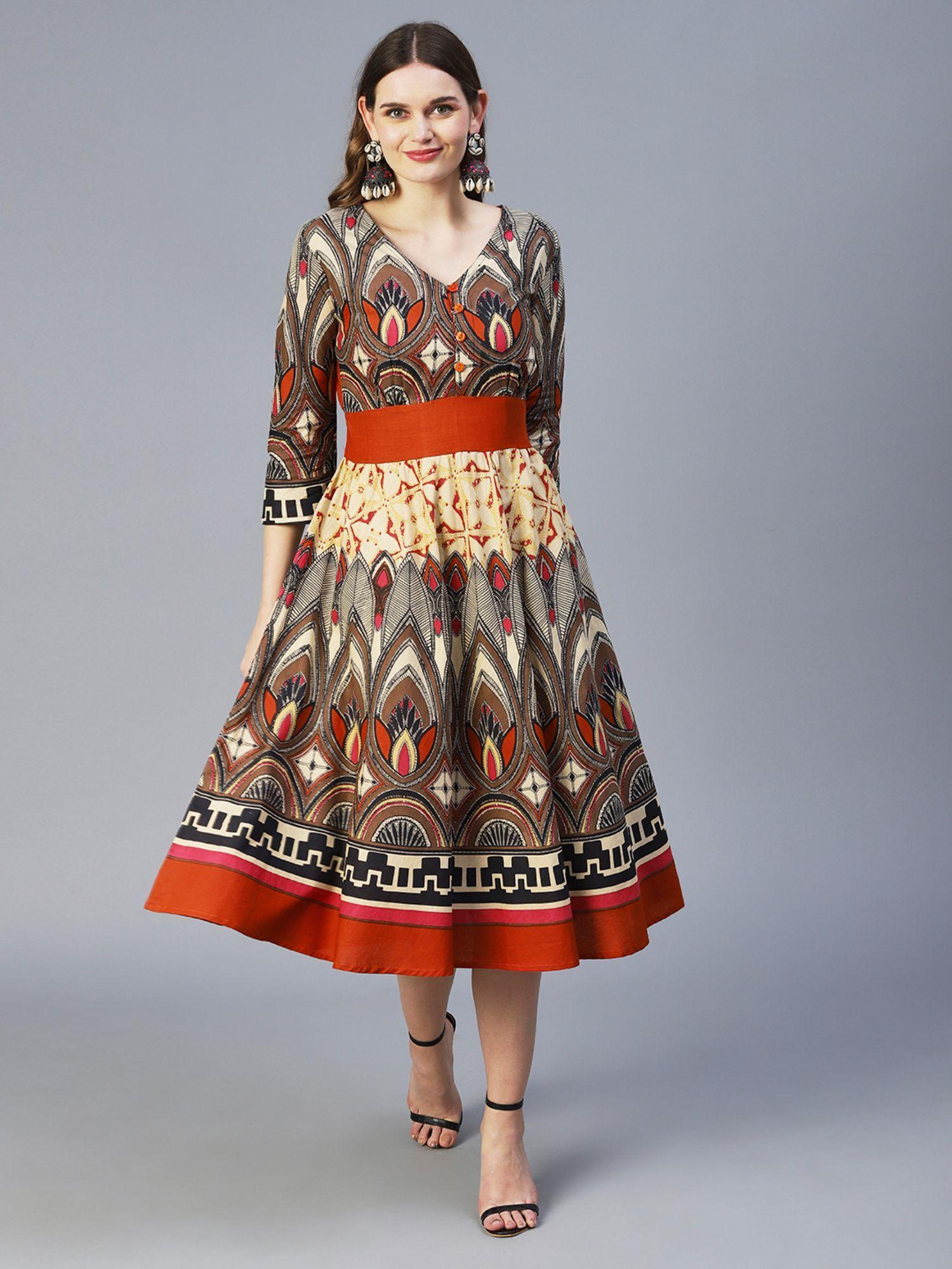 abstract bohemian printed midi dress multi-color