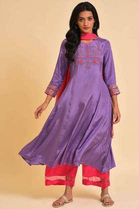 abstract calf length viscose woven women's kurta pant dupatta set - purple