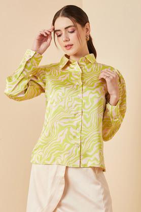 abstract collared satin women's casual wear shirt - green