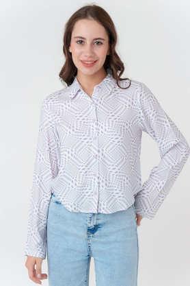 abstract collared viscose women's casual wear shirt - white