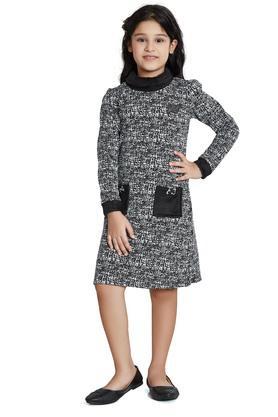 abstract cotton blend round neck girls dress - black