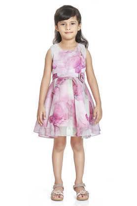 abstract cotton blend round neck girls party wear dress - pink