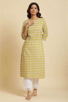 abstract cotton round neck women's casual wear kurta - yellow