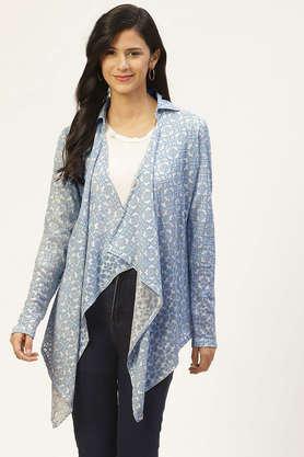 abstract cotton round neck women's shrug - blue