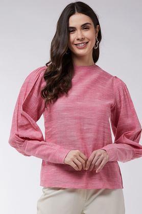 abstract cotton round neck women's top - pink