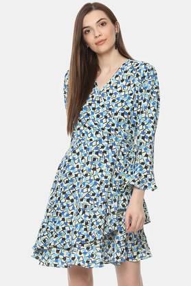 abstract crepe round neck women's knee length dress - blue