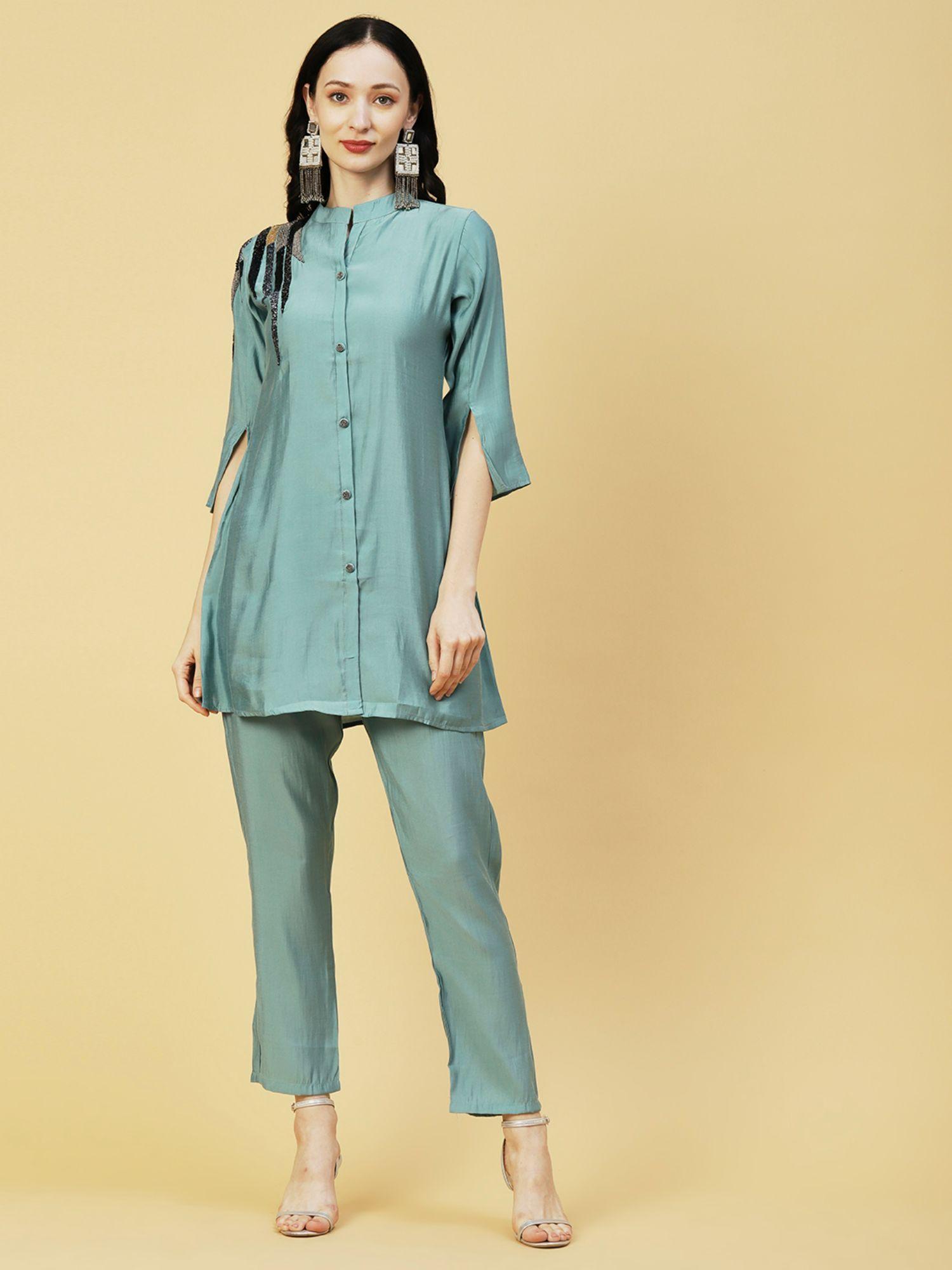 abstract embroidered kurti with pant co-ord- sea green (set of 2)