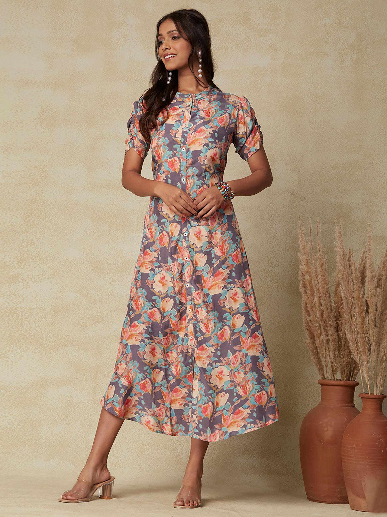 abstract floral printed a-line flare midi dress grey