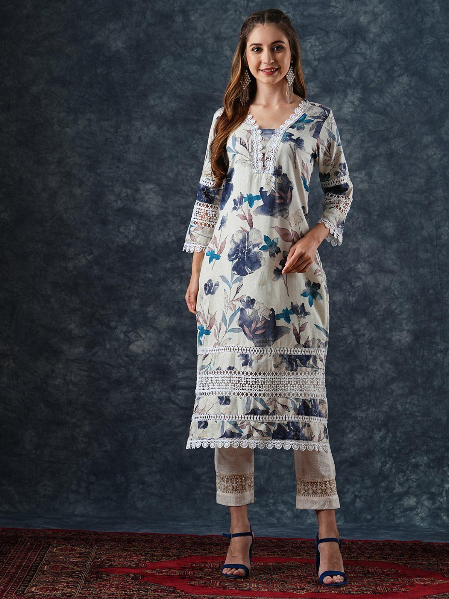 abstract floral printed straight fit kurta - off white