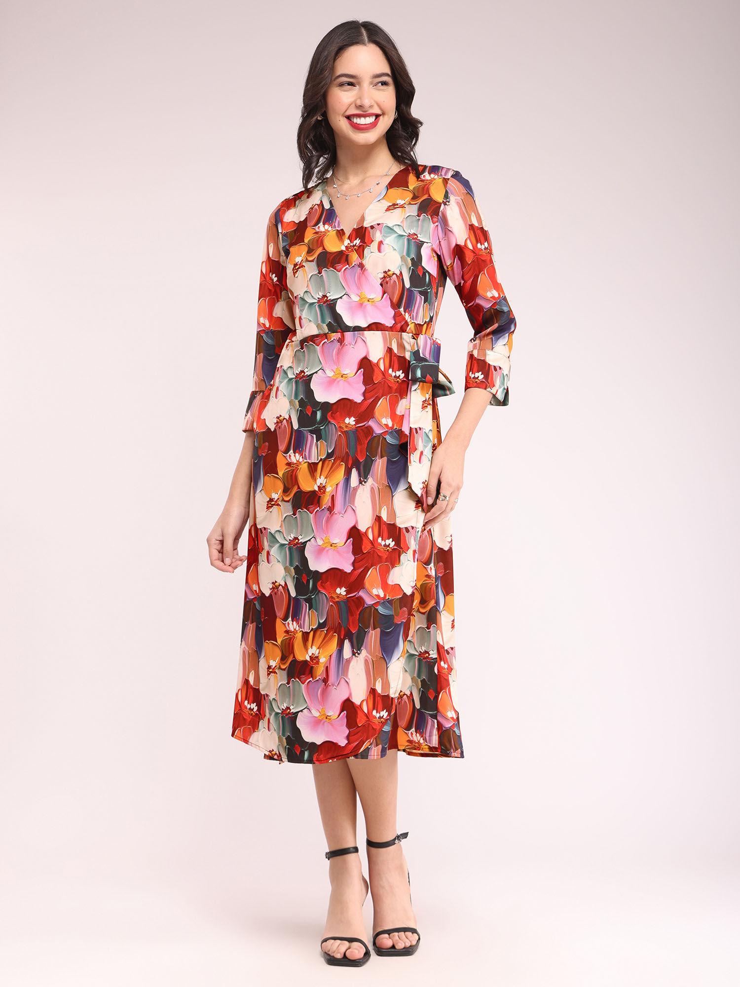 abstract floral wrap dress - multi colour