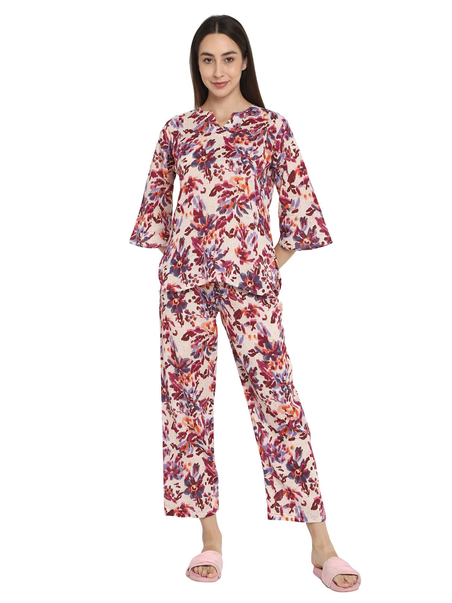 abstract flower round neck cotton top with pyjama (set of 2)