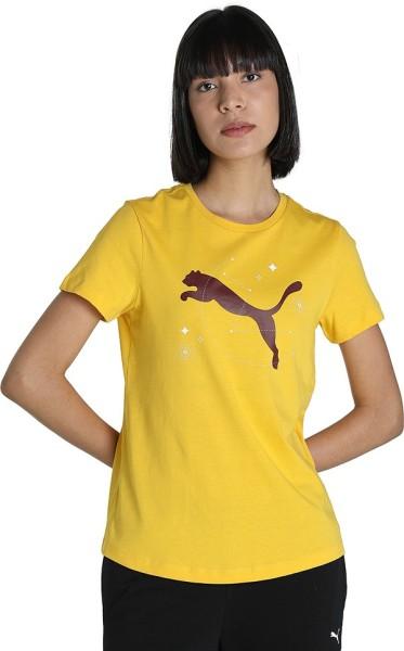 abstract graphic tee women printed crew neck cotton blend yellow t-shirt