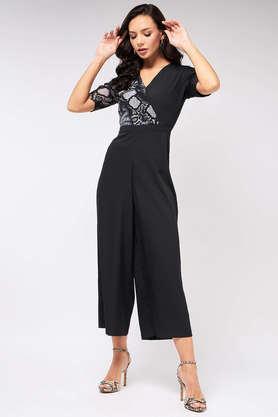 abstract half sleeves polyester women's jumpsuit - black