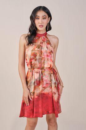 abstract halter neck viscose women's crop dress - rust