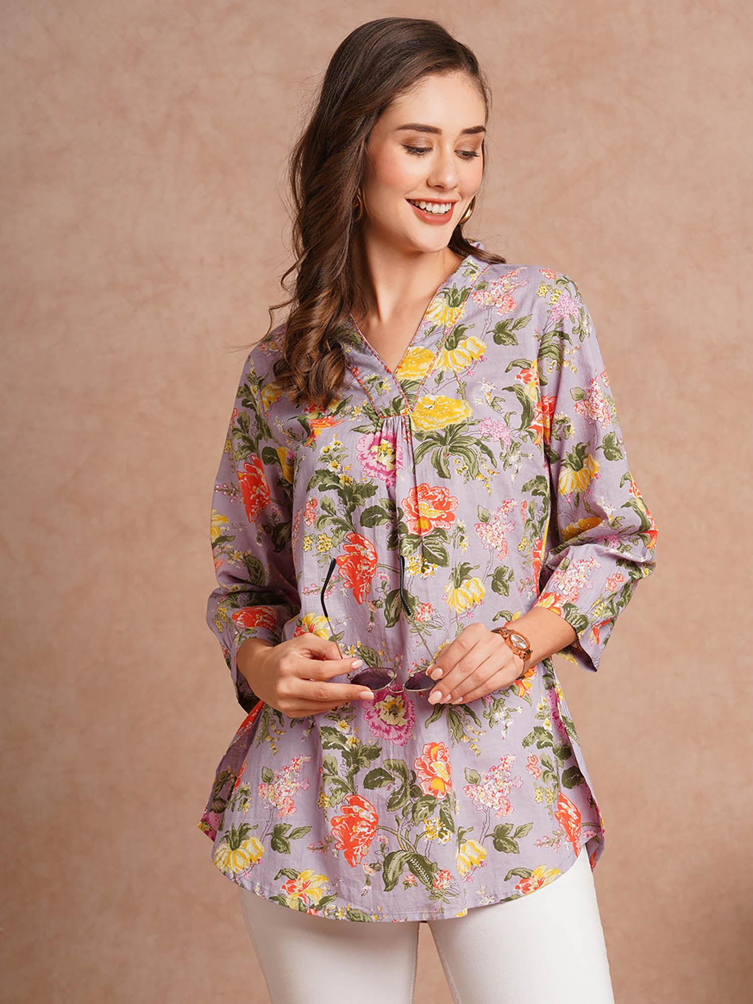 abstract lavender floral printed straight fit tunic