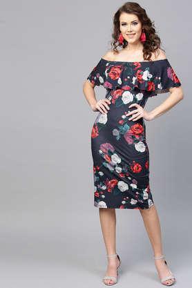 abstract off shoulder polyester women's above knee dress - navy
