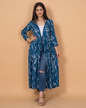 abstract pattern shrug with drawstring  front tie-up