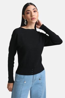 abstract polyester blend boat neck women's pullover - black