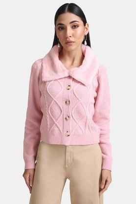 abstract polyester blend collar neck womens pullover - pink