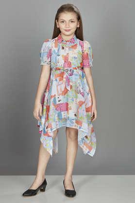 abstract polyester collared girls party wear dress - multi