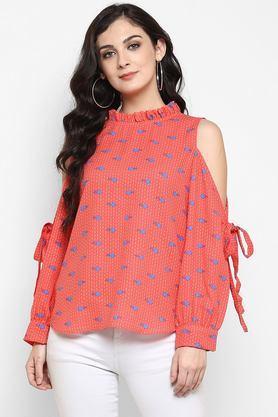 abstract polyester round neck women's top - coral