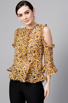 abstract polyester round neck women's top - multi