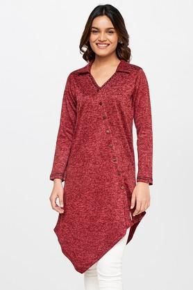 abstract polyester round neck women's tunic - red