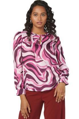 abstract polyester round neck womens top - magenta