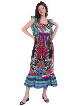 abstract print a-line dress with ruffled sleeve