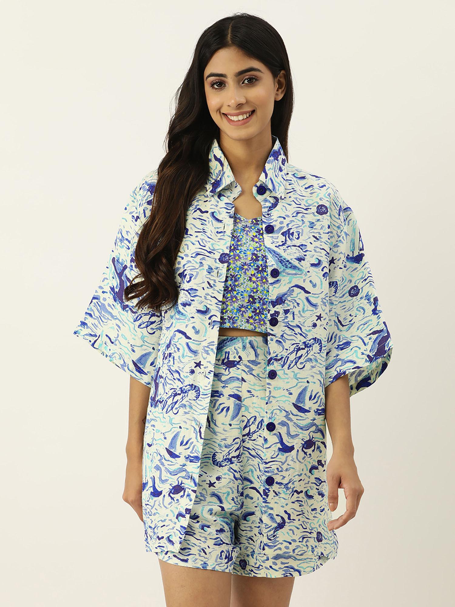 abstract print blue night suit (set of 3)