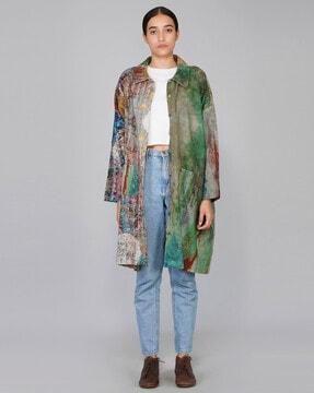 abstract print collared longline jacket