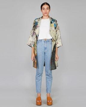 abstract print collared longline jacket