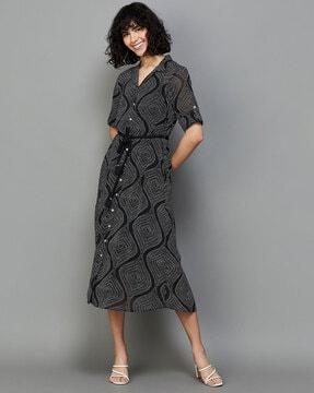 abstract print dress with waist tie-up