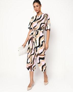 abstract print jumpsuit with fabric belt