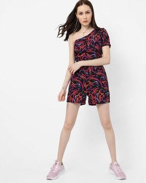 abstract print one-shoulder playsuit