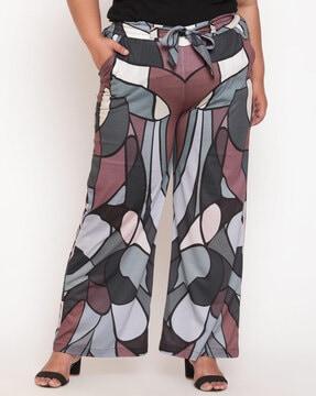 abstract print pants with waist tie-up