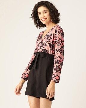 abstract print playsuit with waist tie-up