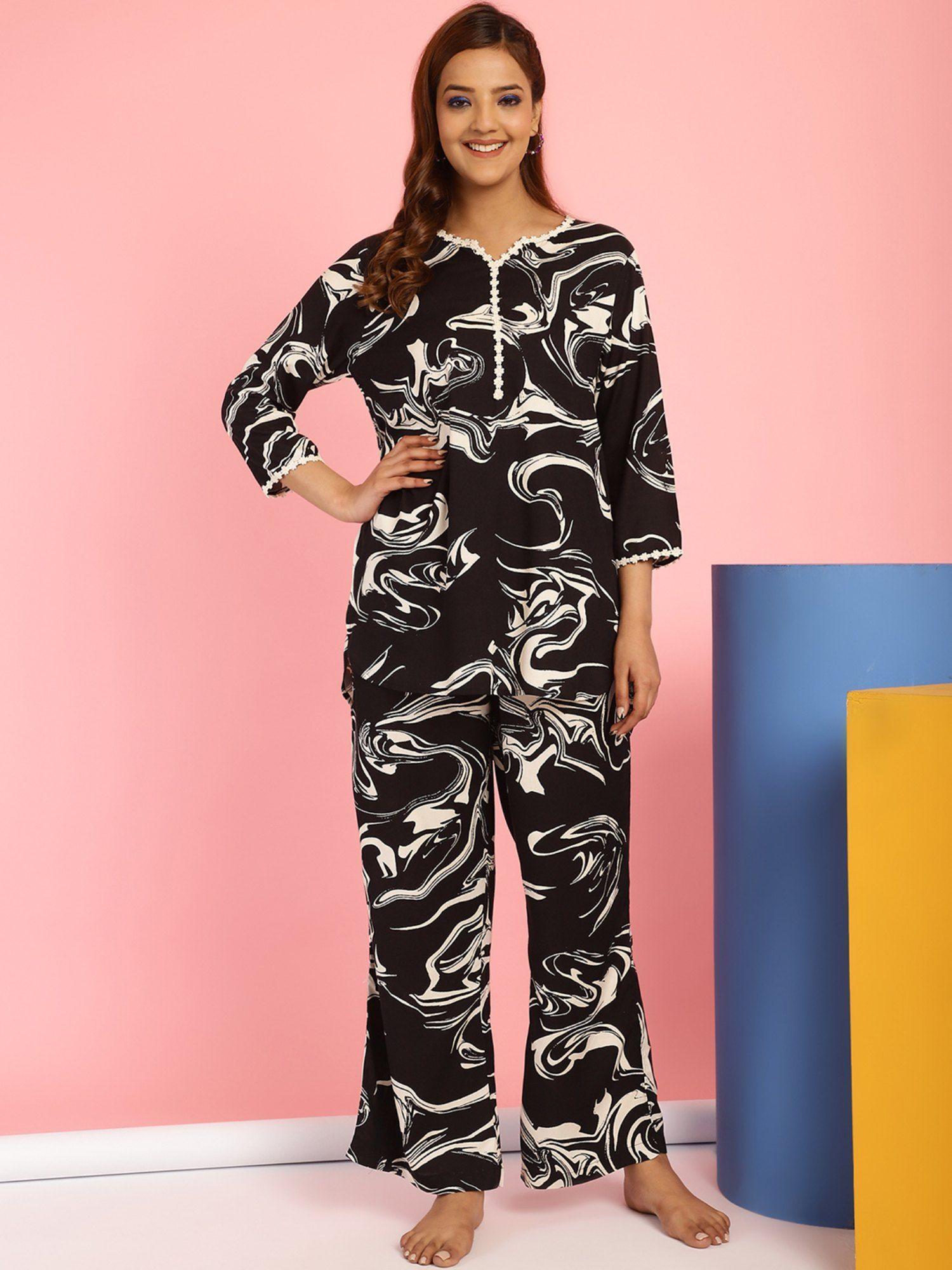 abstract print rayon black top & pyjama (set of 2)