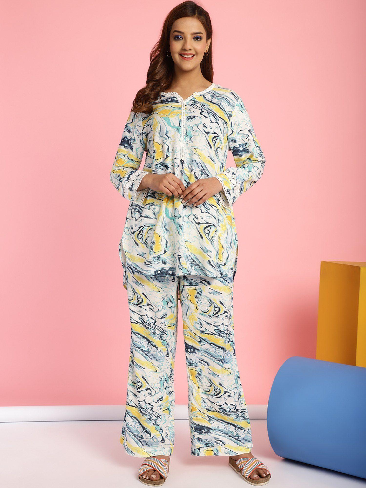 abstract print rayon white top & pyjama (set of 2)