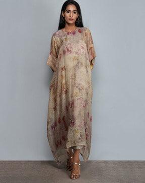 abstract print round neck a-line dress