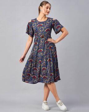 abstract print round-neck fit & flare dress