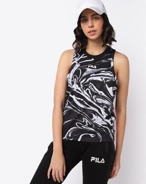 abstract print round-neck tank top with back cutout
