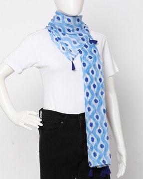 abstract print scarf with tassels