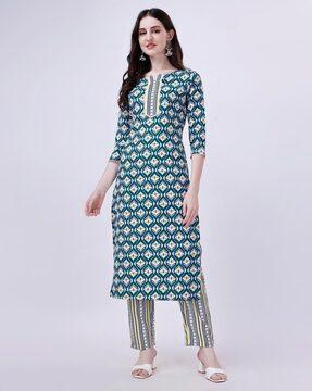 abstract print straight kurta pants set