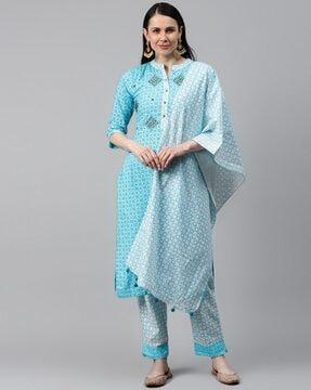 abstract print straight kurta set with dupatta